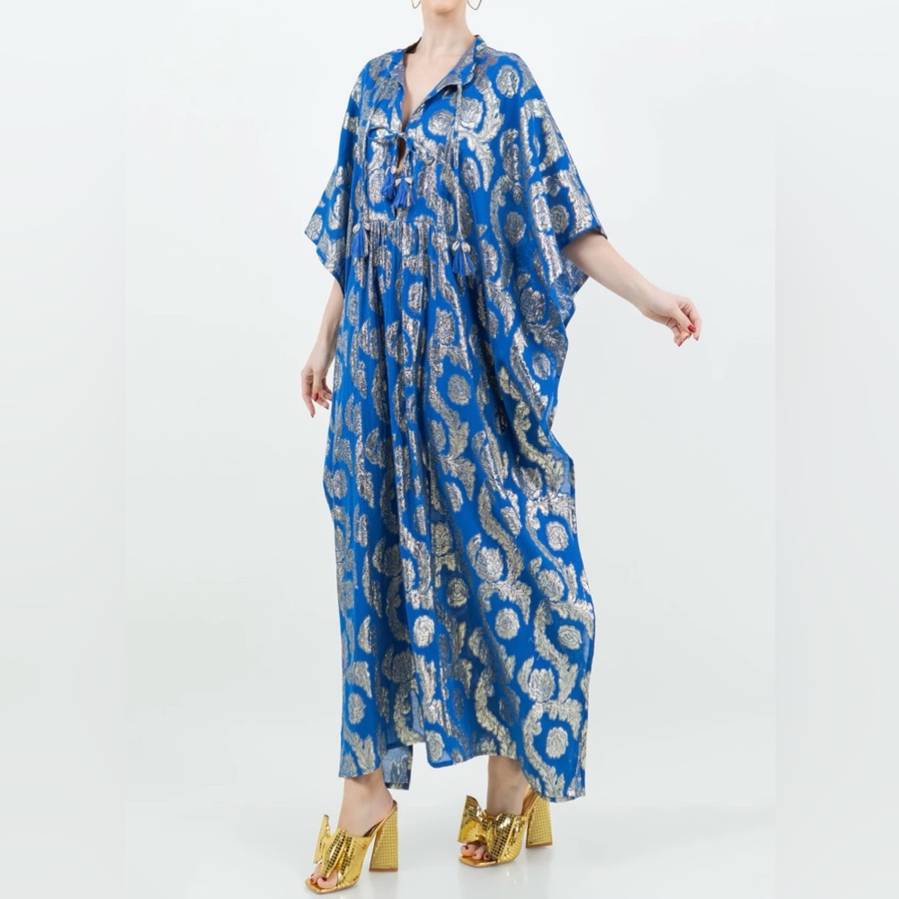 Meghan Fabulous Blue and Gold Patterned Midi Caftan Dress Palm Springs
